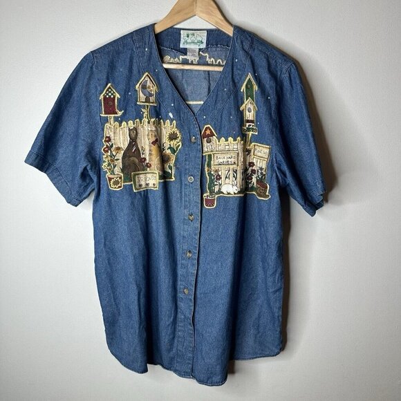 The Quacker Factory Shirt Large Denim Embroidered Short Sleeve Button up - Picture 1 of 12